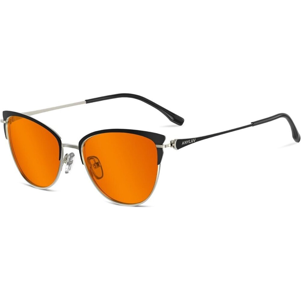 Womens Black Cat Eye Look Clear Frame Dark Orange Lens Anti Eyestrain Sunglasses